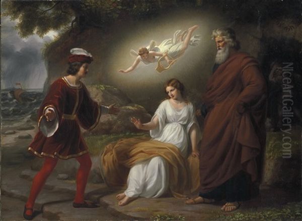 The Meeting Of Ferdinand And Miranda With Prospero (from William Shakespeare's The Tempest) by William Edward Frost