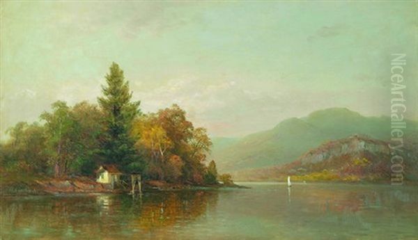 A Cabin On The Lake (probably Lake George) by Hermann Fuechsel