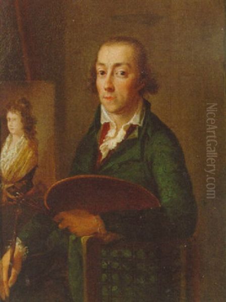 Portrait Of The Artist In A Green Coat, Holding A Palette, Before An Easel by Friedrich Heinrich Fueger