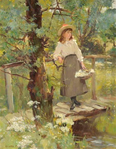 Girl On A Sunlit Bridge In A Flower-strewn Meadow by David Fulton