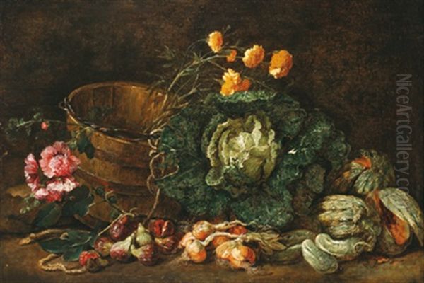 Stillleben Mit Eimer, Blumenkohl, Kurbissen, Zwiebeln Und Blumen by Jan Fyt