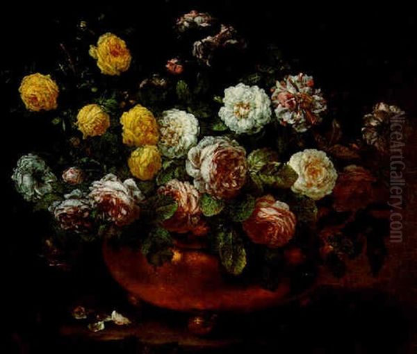 A Still Life Of Roses Of Various Hues In A Bronze Vessel by Jan Fyt