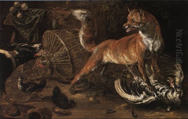 Fox Taking A Cockerel In A Farmyard Challenged By A Hound by Jan Fyt