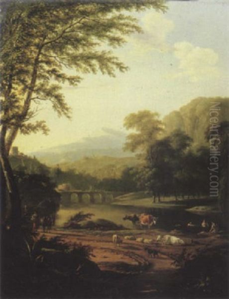 An Italianate River Landscape, With A Peasant Woman Returning From A Market by Pieter Gaal