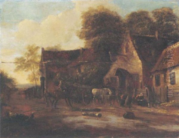 A Village Landscape With Travellers And A Wagon By An Inn by Barend Gael