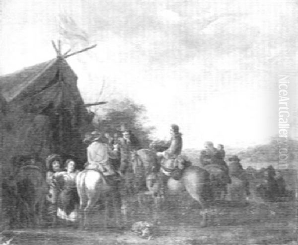 Figures Drinking Outside An Encampment by Barend Gael