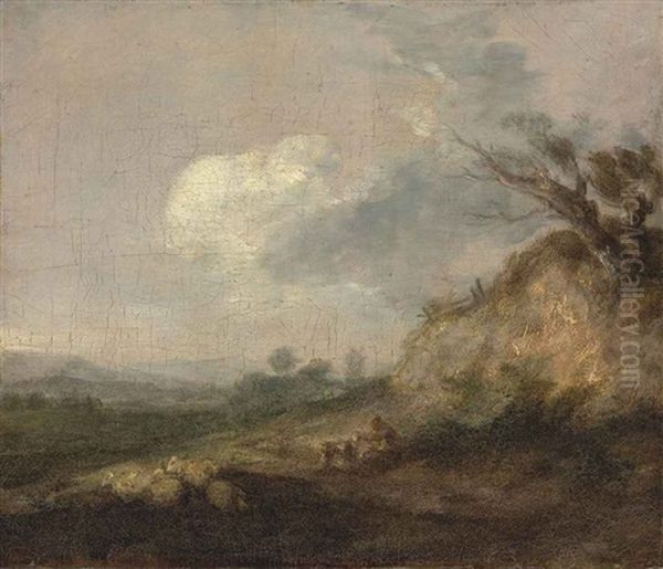 A Landscape With A Shepherd And His Dog, His Flock Resting By A Dune In The Foreground by Thomas Gainsborough