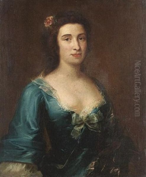 Portrait Of A Lady In A Blue, Lace-trimmed Dress And Flowers In Her Hair by Thomas Gainsborough