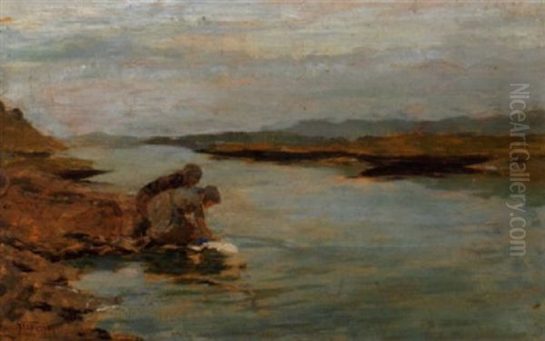 Zwei Wascherinnen Am Fluss by Gioacchino Galbusera