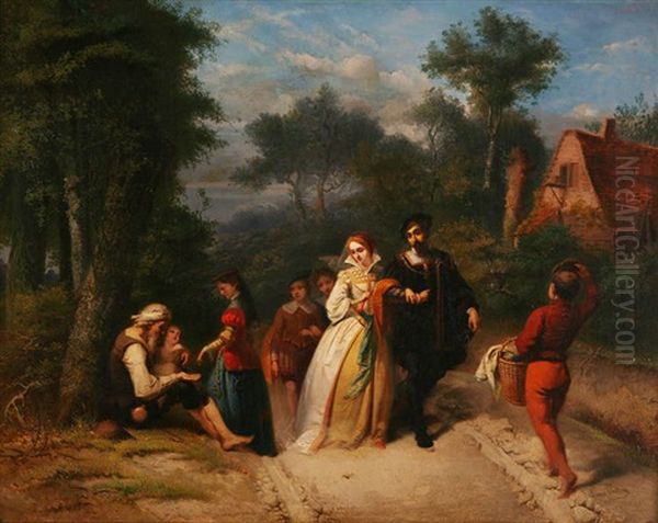 Compagnie Galante Se Promenant Et Passant Des Mendiants Au Bord De La Route by Louis Gallait