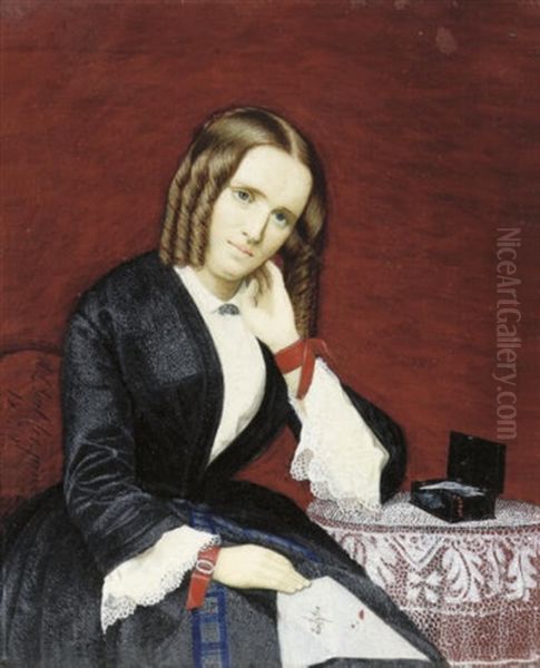 A Lady Called Marie Erneste Emilie Redsted Seated In A Wooden Chair, In Black Dress by Henrik Ludvig Galster