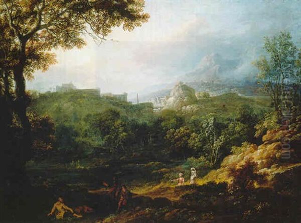 An Italianate Landscape With Figures On A Hillside by Edmund Garvey