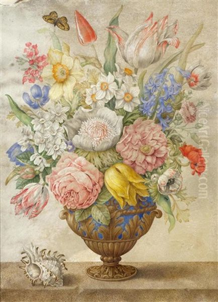 Flowers In A Vase On A Stone Plinth With A Shell by Giovanna Garzoni