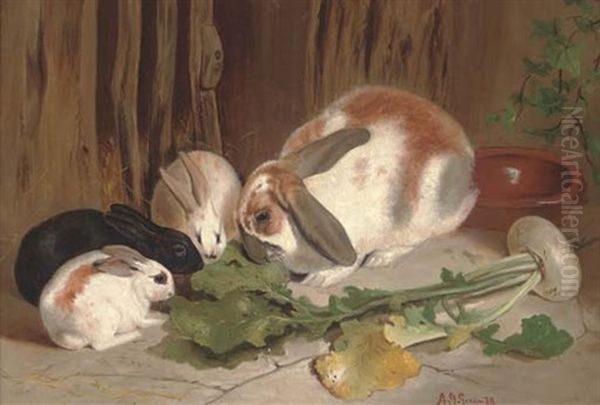 Rabbits Munching A Turnip by Arthur Joseph Gaskin