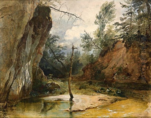 Rehbock In Einer Schlucht An Einem Bachufer by Friedrich Gauermann