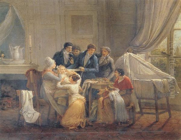 Interior Scene With Figures Gathered Around An Infant by Louis Gauffier