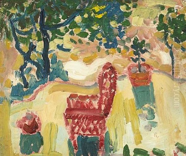 Garden Scene - Gile's Red Chair (+ Traveling Train Cars; Verso) by August Gay