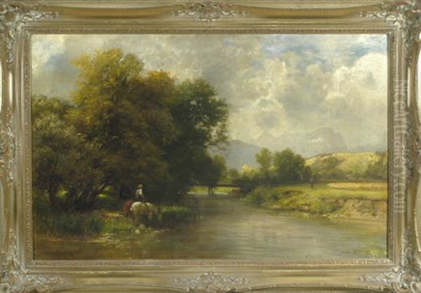 Dunstige Landschaft Mit Bauer Und Zwei Pferden Bei Der Rast Am Schattigen Flussufer by Ludwig Gebhardt