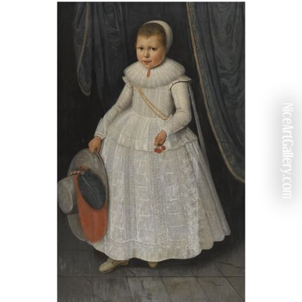 Portrait Of A Young Girl, Full Length, Wearing A White Lace Dress And Holding A Hat And Cherries by Wybrand Simonsz de Geest the Elder