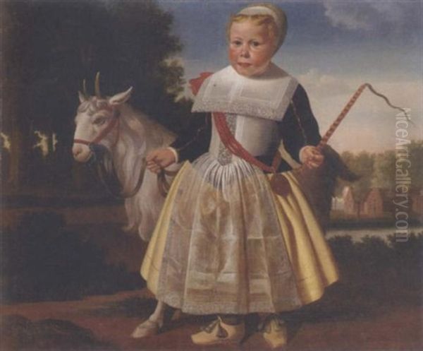 Portrait Of A Young Girl Standing In A Landscape, Holding A Tethered Goat With Her Right Hand And A Whip In Her Left Hand by Wybrand Simonsz de Geest the Elder