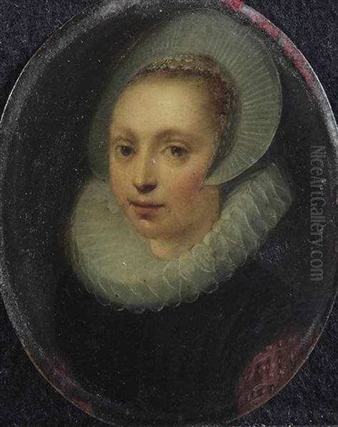 Portrait Of A Lady, Bust-length, In A Black And Red Dress With A White Ruff And A Lace Cap by Gortzius Geldorp