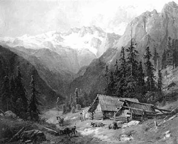 Osterreichische Gebirgswelt Mit Almhutte Und Blick Auf Schneebedeckte Bergspitzen by August Gerasch