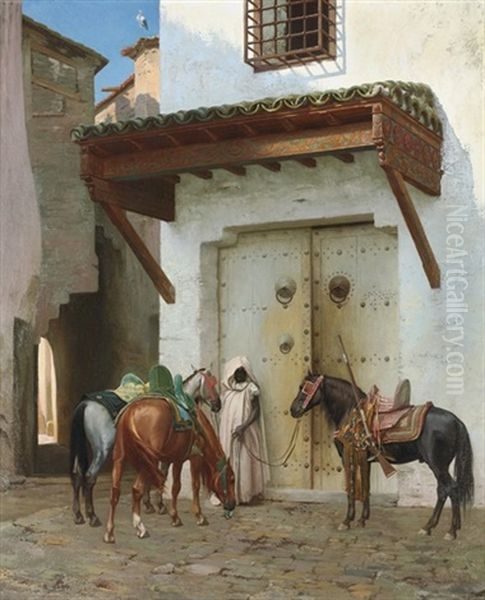 Chevaux Tenus Par Un Esclave, La Halte by Jean-Leon Gerome