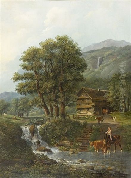 Sommerliche Landschaft Mit Gehoft An Einem Bach by Johann Conrad Gessner