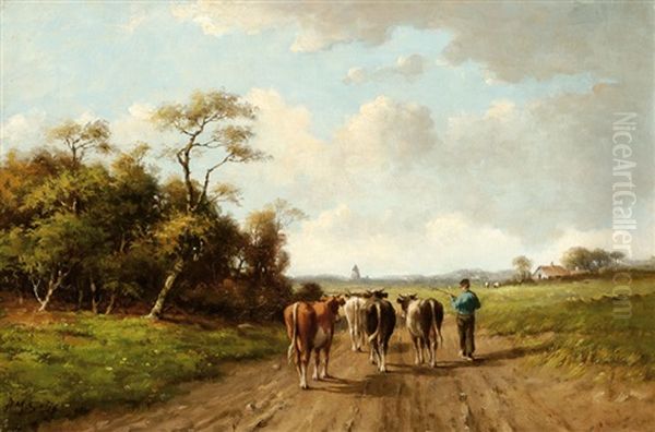 Farmer With Cattle On A Country Road by Adriaan Marinus Geyp