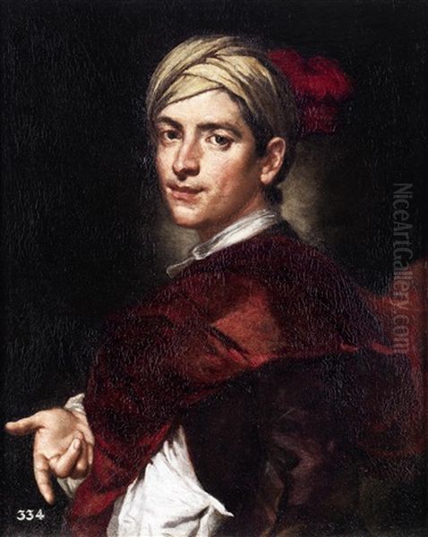 Portrait Of A Young Gentleman, Half-length, With A Burgundy Coat And A Turban by Vittore Giuseppe Ghislandi (Fra' Galgario)