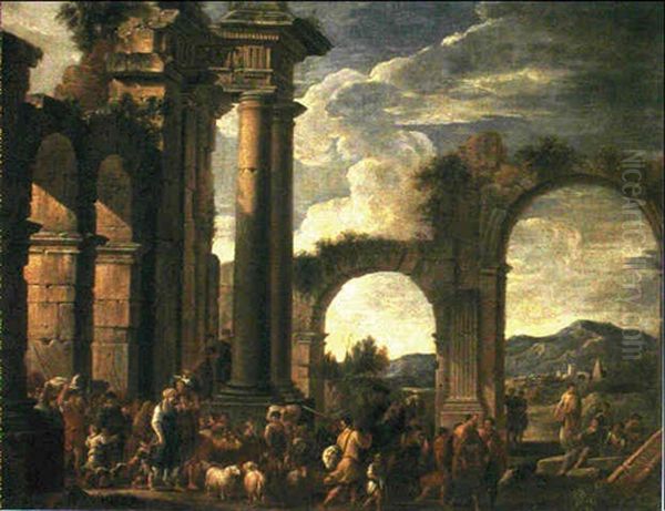 A Capriccio Of Classical Ruins With The Christians Leaving  Jerusalem by Giovanni Ghisolfi