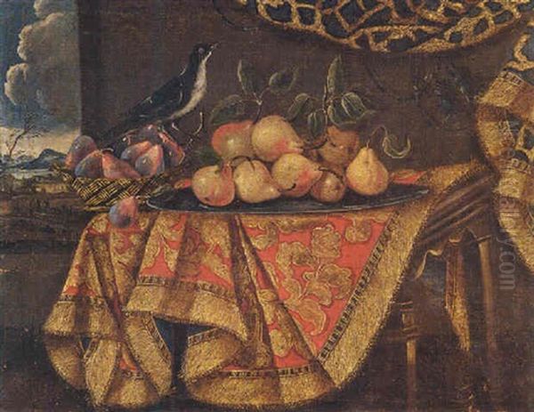 Still Life Of Pears, Plums And A Bird On A Draped Table by Antonio Gianlisi