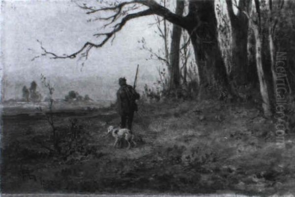 Ein Jager Mit Seinem Hund In Herbstlicher Landschaft by Hermann Giesel