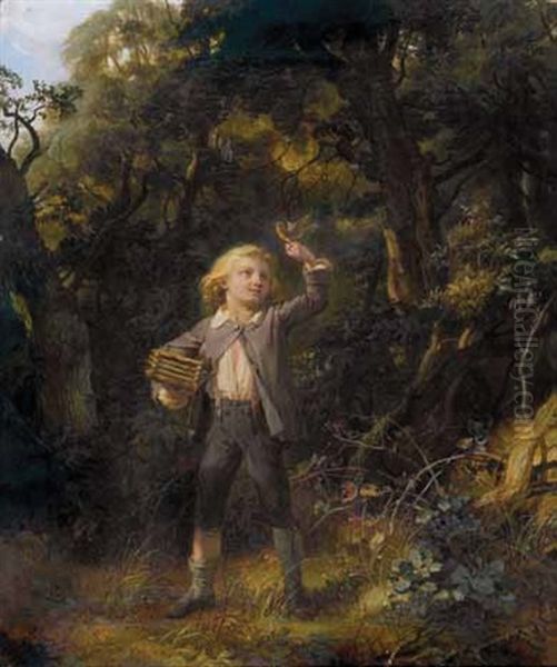 Abschied - Knabe Mit Vogel In Waldlichtung by Christian Friedrich Gille