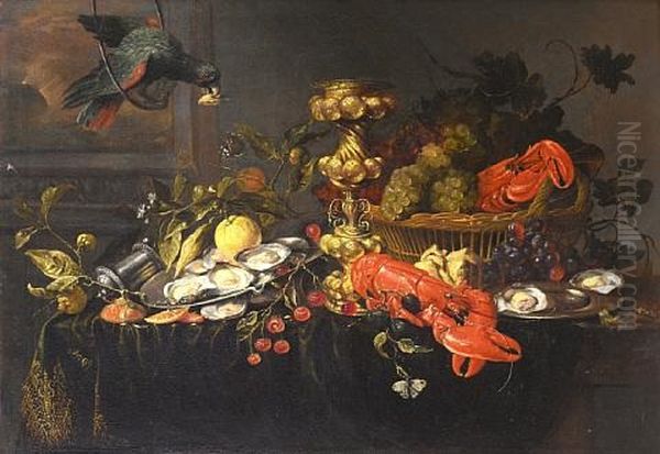 A Parrot Before An Open Window With Lobsters, Oysters, Lemons And Cherries With A Basket Of Grapes And A Silver Wine Jug On A Draped Table Top by Jan Pauwel Gillemans The Elder