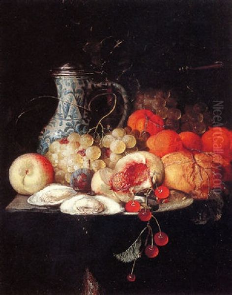 A Halved Peach, A Sprig Of Cherries, Oysters On A Pewter Plate, Grapes And Other Fruit by Jan Pauwel Gillemans The Elder