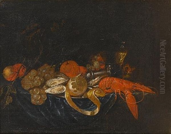 A Pewter Dish Of Oysters, Lobster And A Peeled Lemon On A Draped Table With Grapes, Oranges And A Roemer Of White Wine by Jan Pauwel Gillemans the Younger