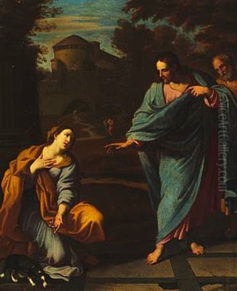 The Canaanite Woman Kneeling Before Christ Asking For Help To Heal Her Daughter. (matthew 15, 21-28) by Ludovico Gimignani