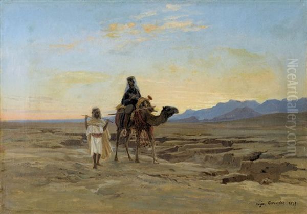 Wustenlandschaft Im Abendrot Mit Paar Und Kamel by Eugene Alexis Girardet