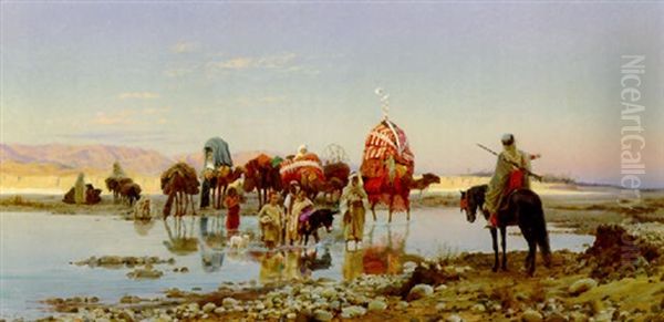 Arab Caravan Crossing A Ford Oil Painting - Eugene Alexis Girardet