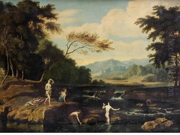 Figures Bathing In A River, A Mountainous Landscape Beyond by Johannes (Jan) Glauber