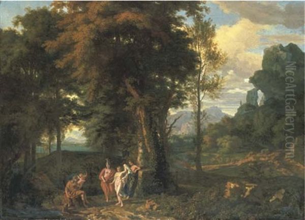 A Classical Wooded Landscape With The Judgement Of Paris by Johannes (Jan) Glauber