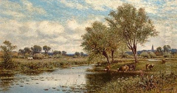 River Landscape With Haymakers by Alfred Augustus Glendening Sr.