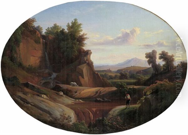 Hirte Bei Einem Wasserfall Mit Blick Auf Die Campagna by Johann Georg Gmelin