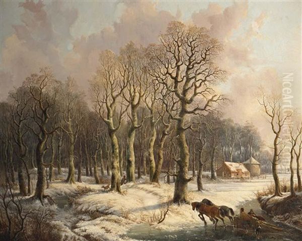 Wood Gatherers With A Horse Drawn Sleigh And A Hunter In A Wintry Forest by Gerrit Hendrik Gobell