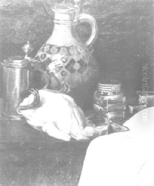 Stilleben Mit Krug Und Geflugel Auf Einem Holztisch by Ludwig Godewols