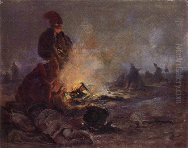 Soldaten Bei Einem Nachtlichen Lagerfeuer, Sich Warmend by Carl Goebel