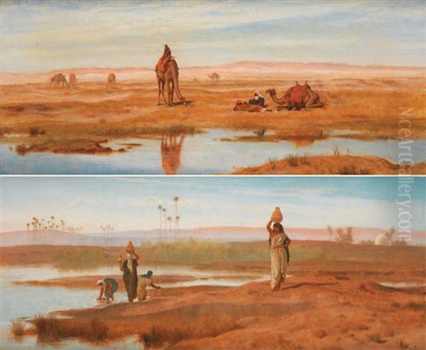 Bedoins Et Leurs Chameaux Au Bord De La Riviere (+ Femmes Bedouines Revenant Du Puits; 2 Works) by Frederick Goodall