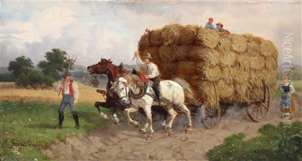 Een Landschap Met Een Hooiwagen Met Paarden En Landarbeiders by Eduard Goetzelmann