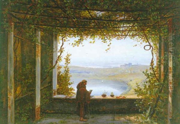 Blick Von Der Pergola Des Kapuziner Klosters In Nemi Auf Den See Und Das Stadtchen Genzano, Mit Einem Lesenden Monch by Carl (Karl) Wilhelm Goetzloff